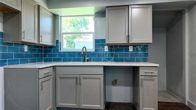 5717 S Francis Ave, Oklahoma City, OK 73109 - kitchen featuring gray cabinetry, backsplash, and light countertops