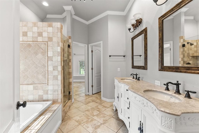 1505 S Augusta Dr, Ada, OK 74820 - bathroom featuring a shower stall, double vanity, a garden tub, crown molding, and recessed lighting