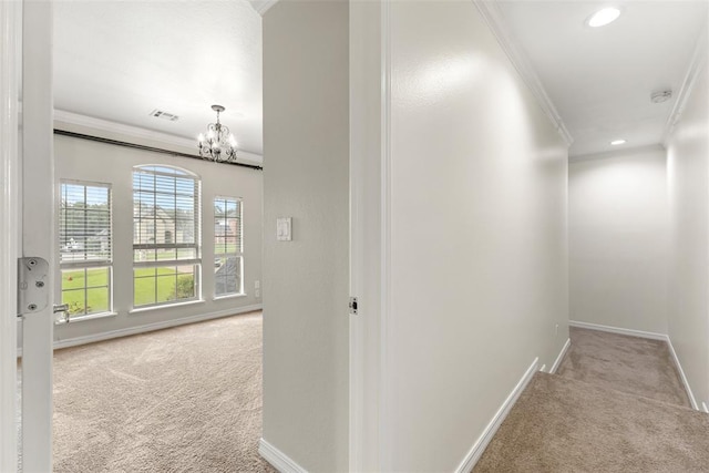 1505 S Augusta Dr, Ada, OK 74820 - corridor featuring carpet floors, ornamental molding, a chandelier, and recessed lighting