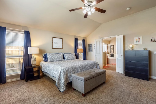 2308 SW 135th St, Oklahoma City, OK 73170 - carpeted bedroom featuring lofted ceiling, ceiling fan, and connected bathroom