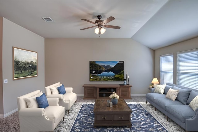 9544 SW 27th St, Oklahoma City, OK 73128 - living room featuring carpet, a ceiling fan, and lofted ceiling