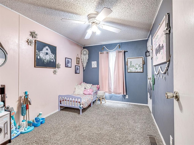 15251 E Waterloo Rd, Arcadia, OK 73007 - carpeted bedroom featuring ornamental molding, a ceiling fan, and a textured ceiling