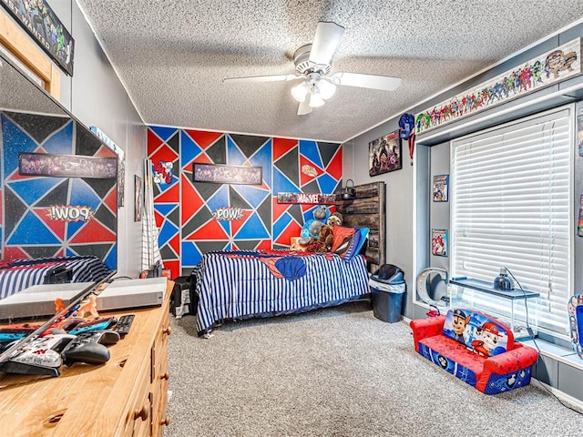 15251 E Waterloo Rd, Arcadia, OK 73007 - carpeted bedroom featuring a textured ceiling and a ceiling fan