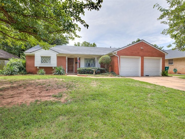 2400 NW 111th St, Oklahoma City, OK 73120 - ranch-style home with brick siding, an attached garage, driveway, and a front yard