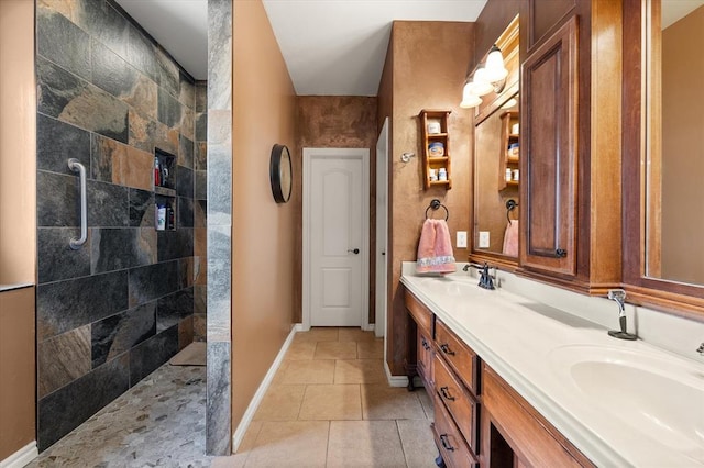 13117 SW 2nd Ter, Yukon, OK 73099 - full bathroom featuring double vanity, a walk in shower, and tile patterned floors