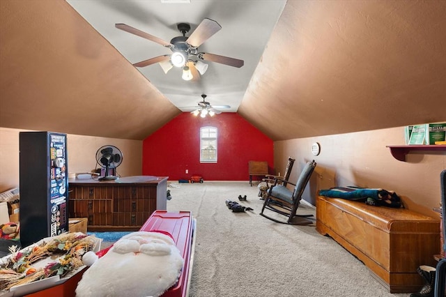 13117 SW 2nd Ter, Yukon, OK 73099 - living area with carpet floors, lofted ceiling, and ceiling fan