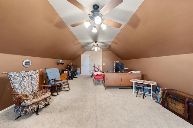 13117 SW 2nd Ter, Yukon, OK 73099 - living area featuring carpet, vaulted ceiling, and a ceiling fan
