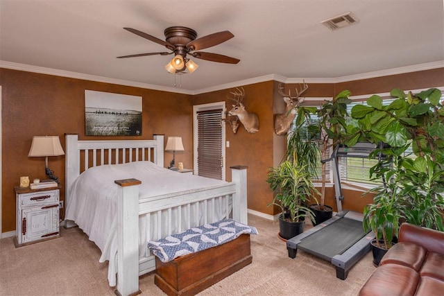 105074 N 3770th Rd, Okemah, OK 74859 - bedroom featuring carpet floors, crown molding, and a ceiling fan