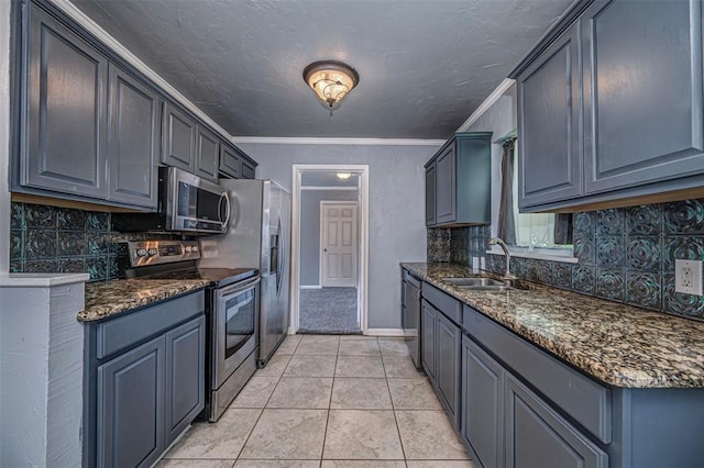 2100 Barclay Rd, Oklahoma City, OK 73120 - kitchen with appliances with stainless steel finishes, tasteful backsplash, dark stone counters, light tile patterned flooring, and crown molding