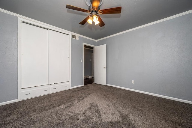 2100 Barclay Rd, Oklahoma City, OK 73120 - unfurnished bedroom featuring carpet, ornamental molding, ceiling fan, and a closet