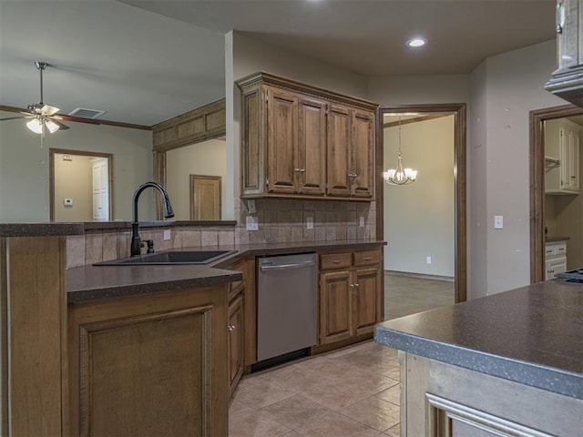 8409 NW 106th St, Oklahoma City, OK 73162 - kitchen with dishwasher, dark countertops, ceiling fan, and recessed lighting