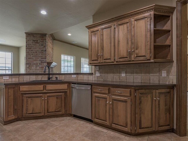8409 NW 106th St, Oklahoma City, OK 73162 - kitchen featuring dishwasher, decorative backsplash, recessed lighting, open shelves, and light tile patterned floors
