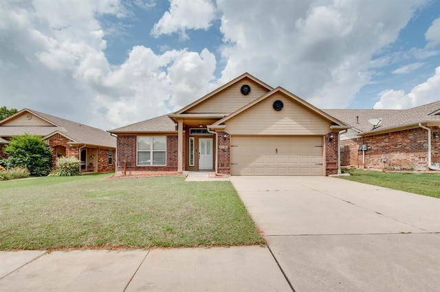 2113 SE 8th St, Moore, OK 73160 - view of front of property with a garage, brick siding, concrete driveway, and a front lawn