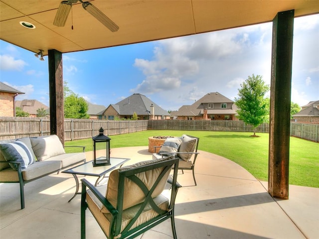 609 Newport Bridge Dr, Edmond, OK 73034 - fenced backyard featuring an outdoor living space, a patio, a residential view, and ceiling fan