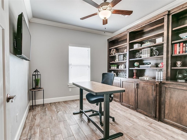 609 Newport Bridge Dr, Edmond, OK 73034 - home office with a ceiling fan, crown molding, and light wood-style floors