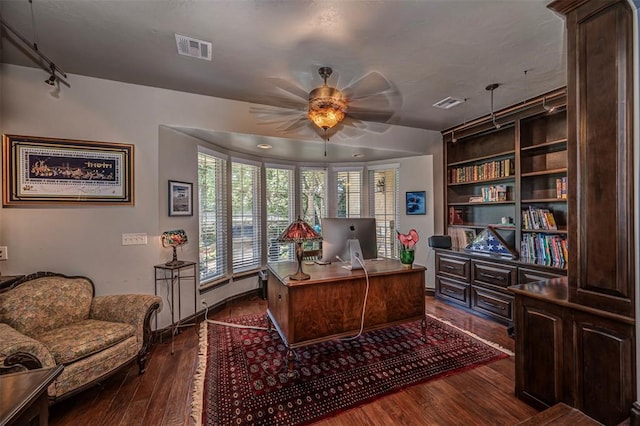 1701 Woodhill Rd, Edmond, OK 73025 - office area with dark wood-style floors, ceiling fan, and rail lighting