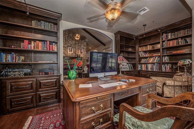 1701 Woodhill Rd, Edmond, OK 73025 - office area featuring ceiling fan, dark wood finished floors, and arched walkways