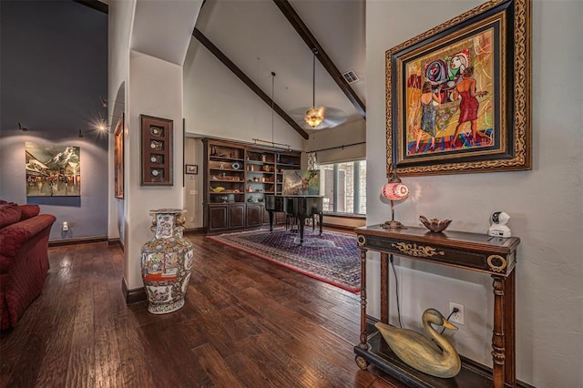 1701 Woodhill Rd, Edmond, OK 73025 - dining space featuring wood finished floors, high vaulted ceiling, and beamed ceiling