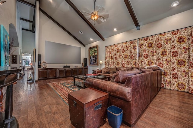 1701 Woodhill Rd, Edmond, OK 73025 - home theater with beamed ceiling, wood finished floors, ceiling fan, and high vaulted ceiling