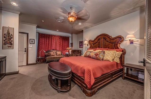 1701 Woodhill Rd, Edmond, OK 73025 - bedroom with ornamental molding, carpet flooring, a ceiling fan, and recessed lighting
