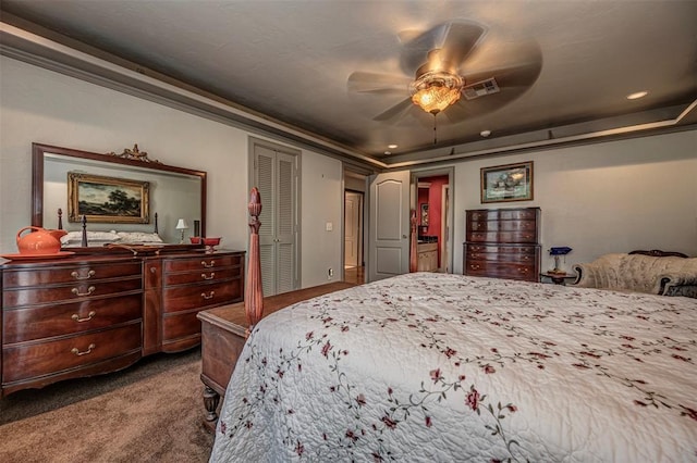 1701 Woodhill Rd, Edmond, OK 73025 - bedroom with dark colored carpet, ceiling fan, and recessed lighting