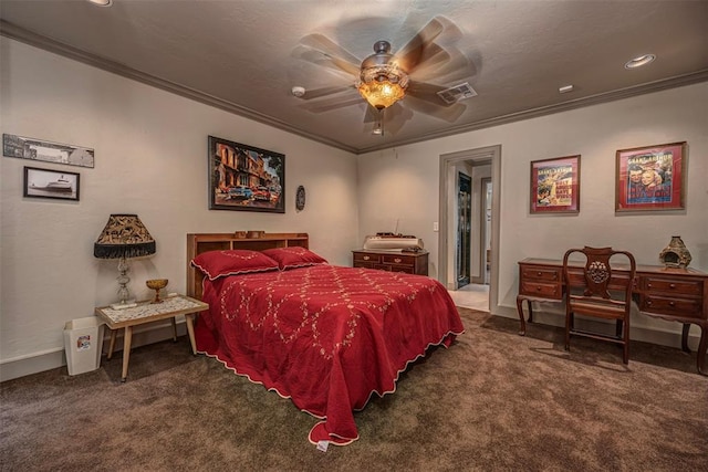 1701 Woodhill Rd, Edmond, OK 73025 - bedroom with ornamental molding, carpet flooring, a ceiling fan, and recessed lighting
