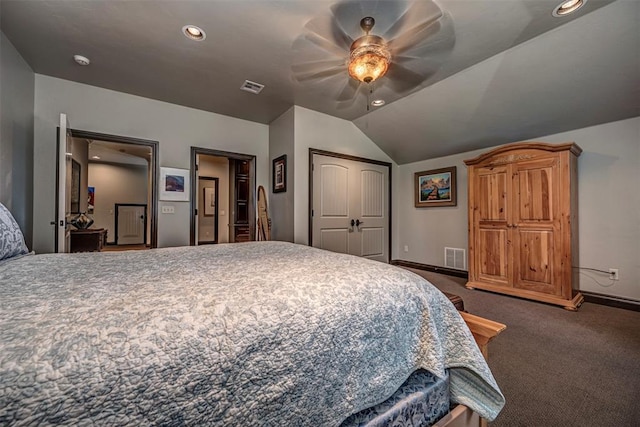 1701 Woodhill Rd, Edmond, OK 73025 - carpeted bedroom featuring lofted ceiling, recessed lighting, ceiling fan, and a closet