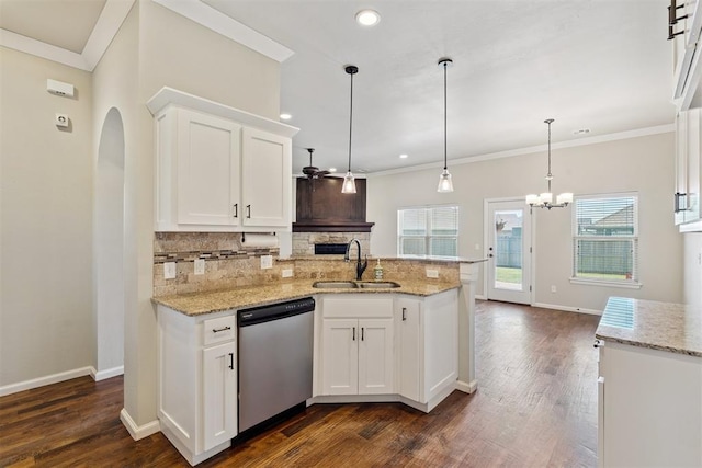 28 143rd St, Oklahoma City, OK 73170 - kitchen featuring dishwasher, backsplash, white cabinets, dark wood-style flooring, and recessed lighting