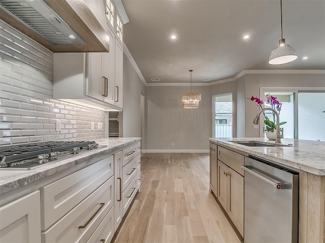 6104 NW 147th Ter, Oklahoma City, OK 73142 - kitchen featuring stainless steel appliances, exhaust hood, ornamental molding, decorative backsplash, and light wood-style floors