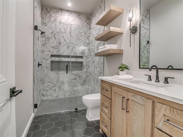 6104 NW 147th Ter, Oklahoma City, OK 73142 - full bathroom featuring tile patterned floors, a marble finish shower, and vanity