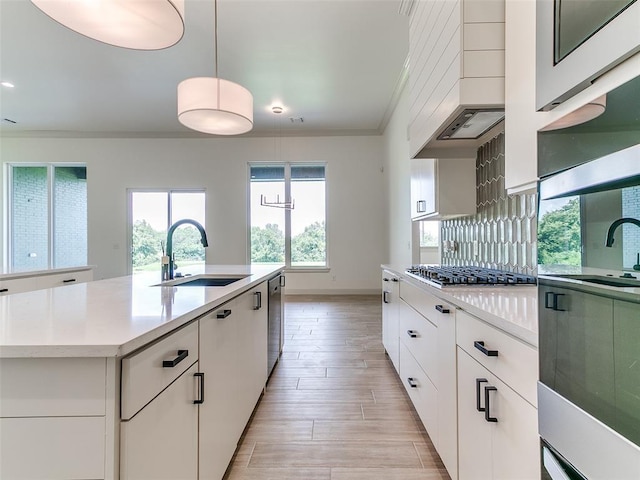 2261 Winter Creek Blvd, Blanchard, OK 73010 - kitchen with appliances with stainless steel finishes, ornamental molding, white cabinetry, light wood-type flooring, and premium range hood