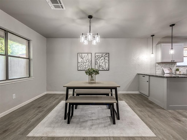 313 Ember Glow Dr, Moore, OK 73160 - dining space with healthy amount of natural light, a chandelier, and wood finished floors