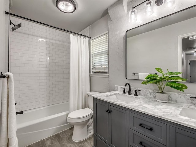 313 Ember Glow Dr, Moore, OK 73160 - bathroom with wood finished floors, double vanity, and shower / bathtub combination with curtain