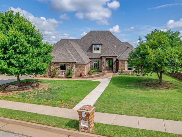 1233 Autumn Creek Dr, Edmond, OK 73003 - french country home with a front yard, stone siding, roof with shingles, and brick siding