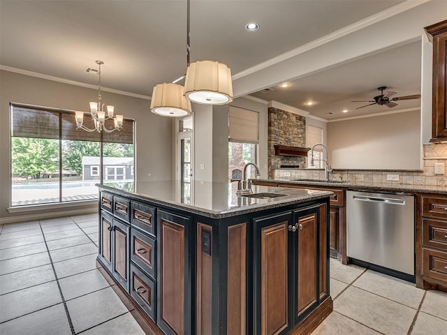 1233 Autumn Creek Dr, Edmond, OK 73003 - kitchen with stainless steel dishwasher, tasteful backsplash, ornamental molding, light tile patterned floors, and stone countertops
