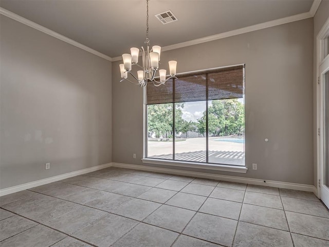 1233 Autumn Creek Dr, Edmond, OK 73003 - spare room featuring light tile patterned floors, ornamental molding, and a chandelier