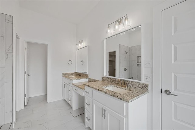 2344 Knox Ln, Blanchard, OK 73010 - bathroom featuring a shower stall, marble finish floors, and double vanity