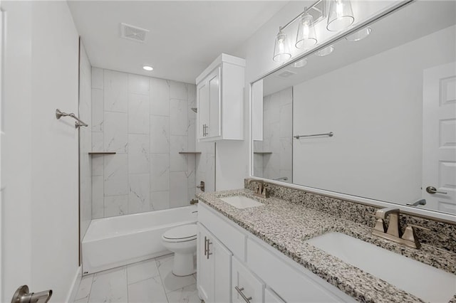 2344 Knox Ln, Blanchard, OK 73010 - bathroom featuring marble finish floors, double vanity, recessed lighting, and washtub / shower combination