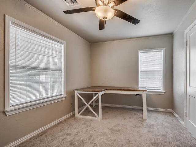 201 N Base Ave, Norman, OK 73069 - unfurnished office featuring carpet flooring, a ceiling fan, and ornamental molding
