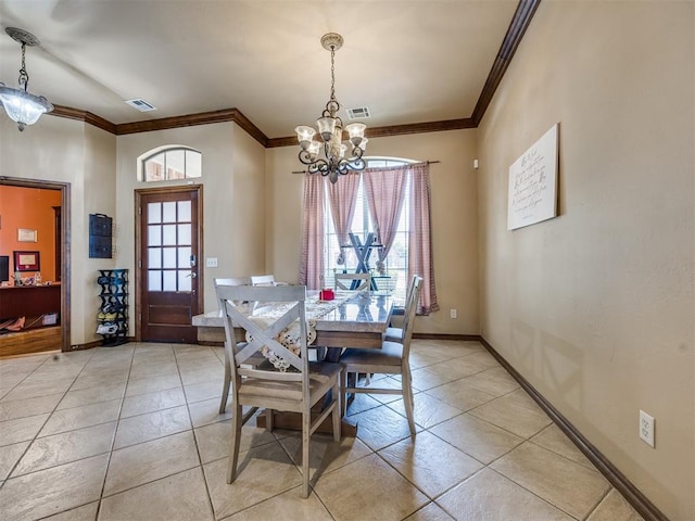 1621 NW 182nd St, Edmond, OK 73012 - dining room featuring a chandelier, plenty of natural light, ornamental molding, and light tile patterned floors