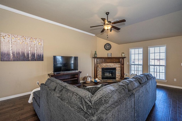 1613 NW 124th St, Oklahoma City, OK 73120 - living area featuring ceiling fan, wood-type flooring, a fireplace, lofted ceiling, and ornamental molding