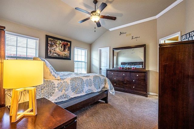 1613 NW 124th St, Oklahoma City, OK 73120 - carpeted bedroom featuring multiple windows, lofted ceiling, crown molding, and a ceiling fan