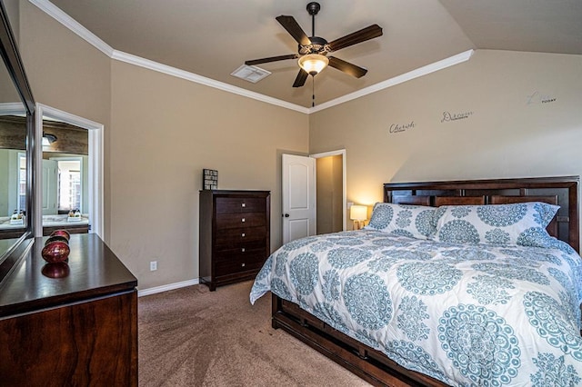1613 NW 124th St, Oklahoma City, OK 73120 - carpeted bedroom featuring vaulted ceiling, crown molding, and ceiling fan