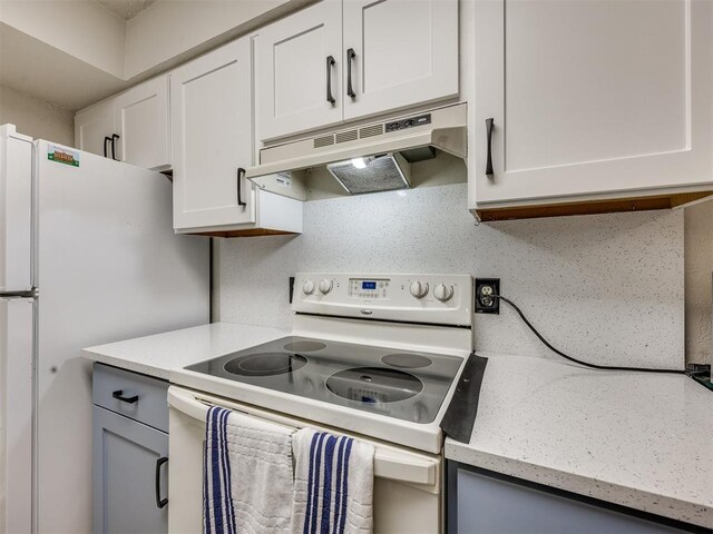 14313 N Pennsylvania Ave Unit 7E, Oklahoma City, OK 73134 - kitchen featuring under cabinet range hood, white appliances, white cabinetry, and light stone counters