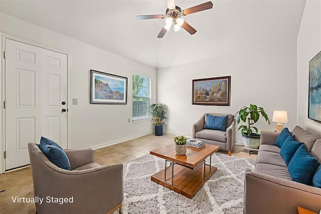 9716 SW 21st Ter, Oklahoma City, OK 73128 - living room featuring a ceiling fan and vaulted ceiling