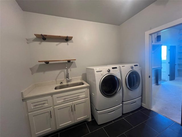 17566 N County Road 3190, Pauls Valley, OK 73075 - washroom featuring washer and dryer, dark tile patterned floors, cabinet space, and dark carpet