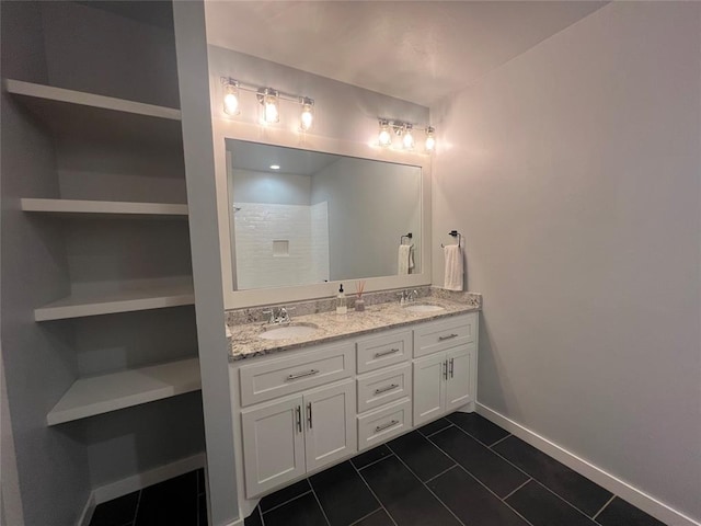 17566 N County Road 3190, Pauls Valley, OK 73075 - full bathroom with double vanity, tile patterned floors, and a shower