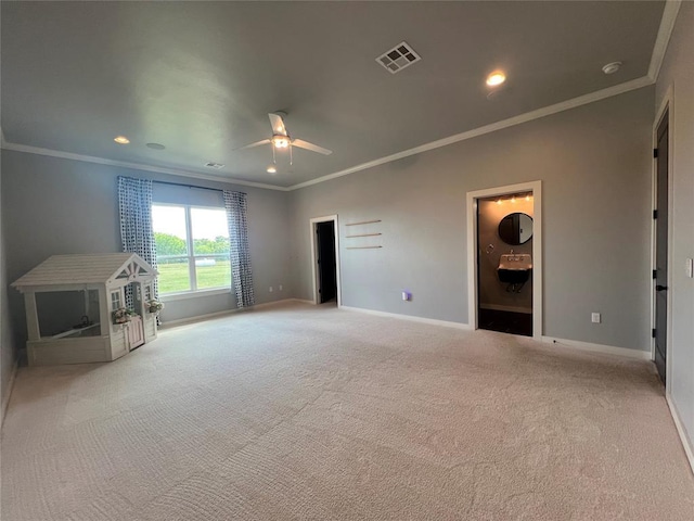 17566 N County Road 3190, Pauls Valley, OK 73075 - unfurnished living room featuring crown molding, carpet floors, a ceiling fan, and recessed lighting