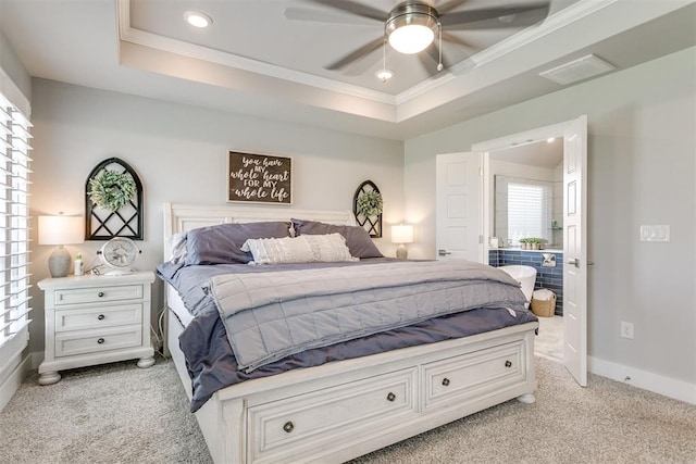 10125 NW 99th St, Yukon, OK 73099 - bedroom featuring light colored carpet, ornamental molding, a raised ceiling, recessed lighting, and ceiling fan