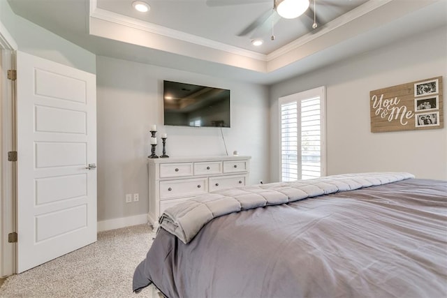 10125 NW 99th St, Yukon, OK 73099 - bedroom with a tray ceiling, ornamental molding, carpet floors, recessed lighting, and ceiling fan